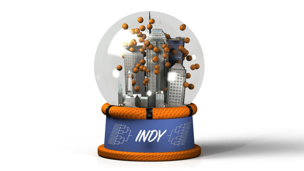 3D illustration of a snowglobe that contains a miniature downtown Indianapolis with tiny basketballs instead of snow